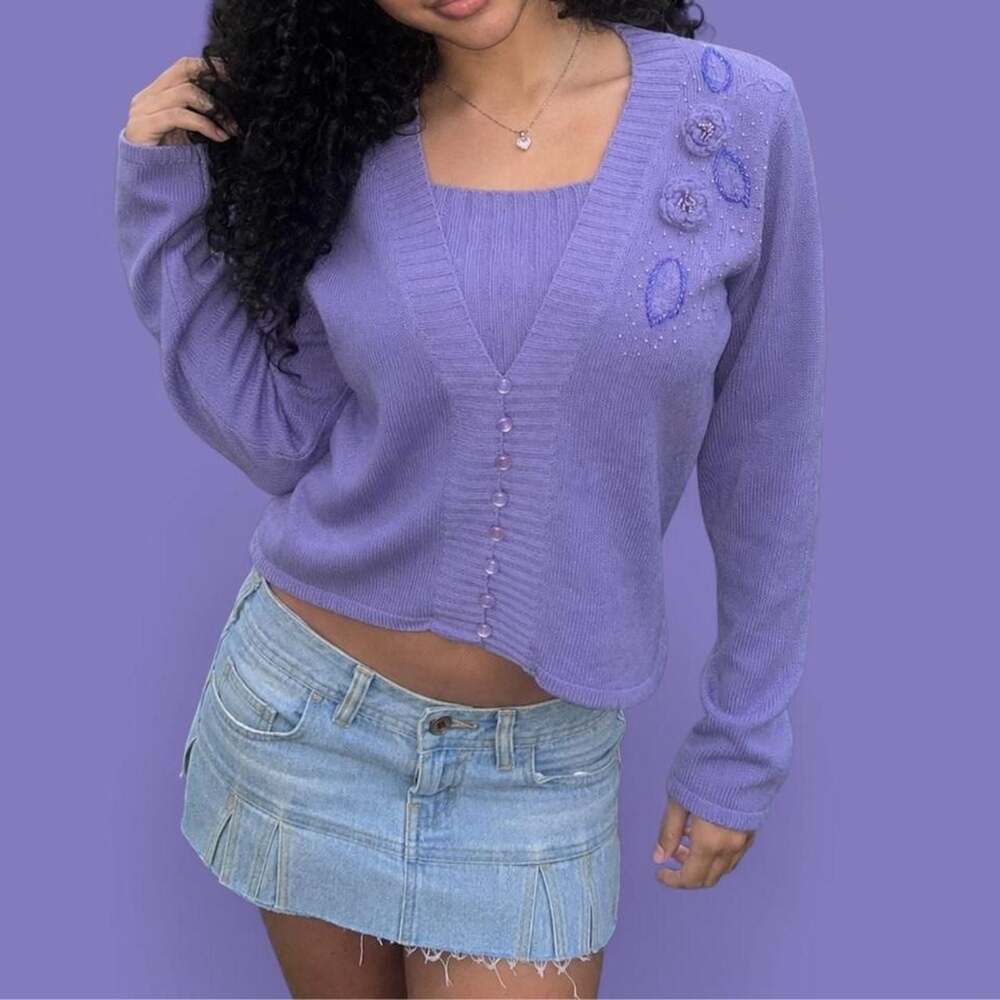 Adrian Delafield Vintage Lavender Beaded Faux Layered Sweater